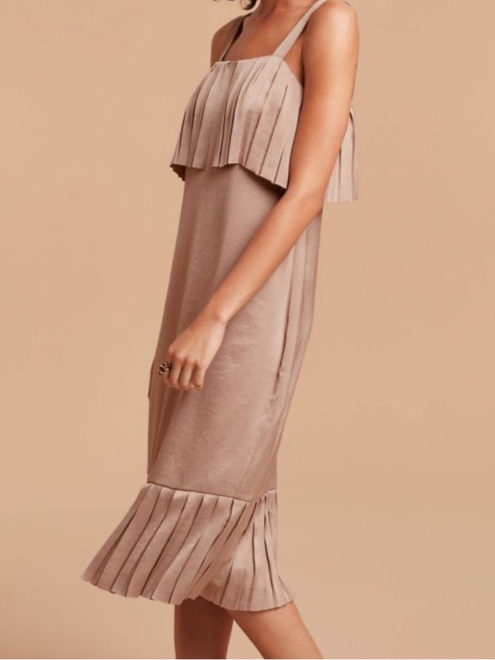Aritzia Little Moon Pleated Midi Dress Size 10 Taupe Satin Sheen Like New